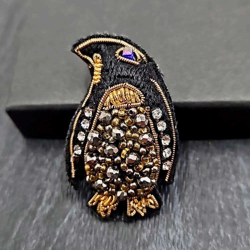 Unique Hand Embroidered Black & Gold Penguin Pin Brooch